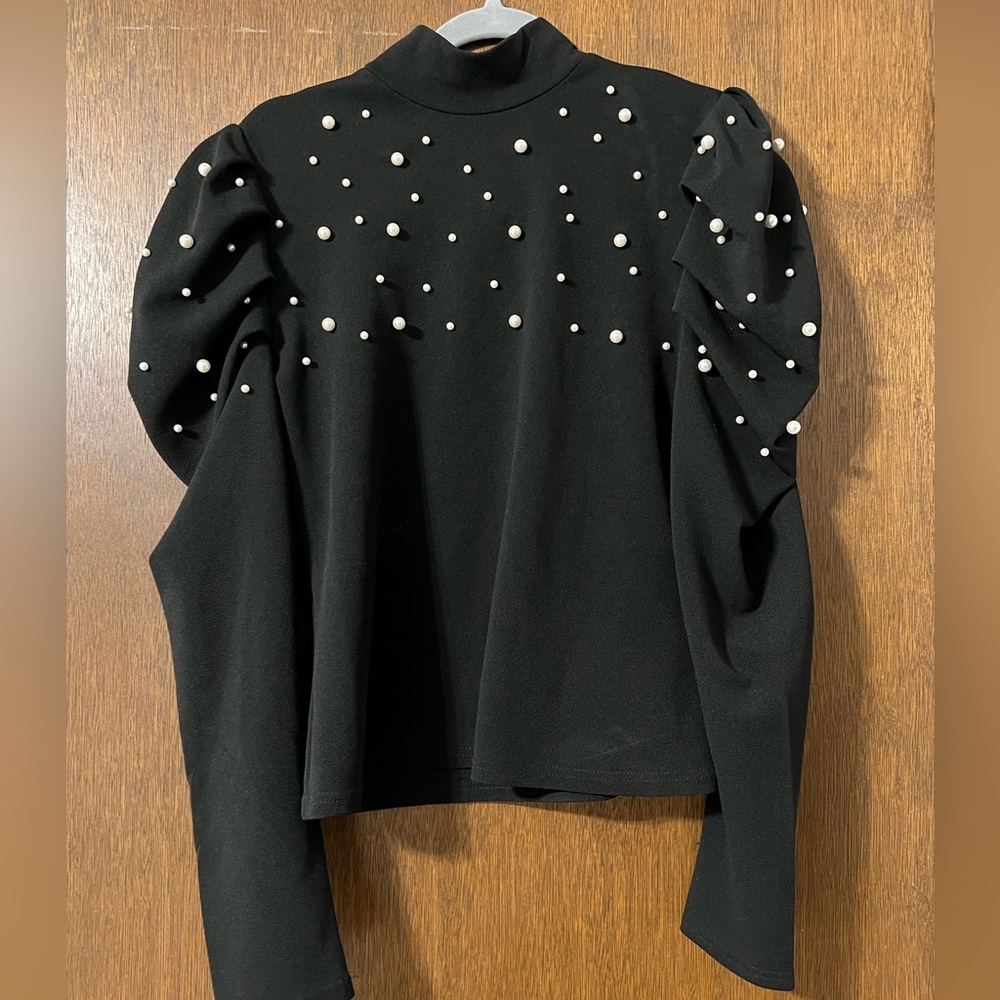 Black long sleeve top with puffy sleeves and pearls FREE SHIPPING